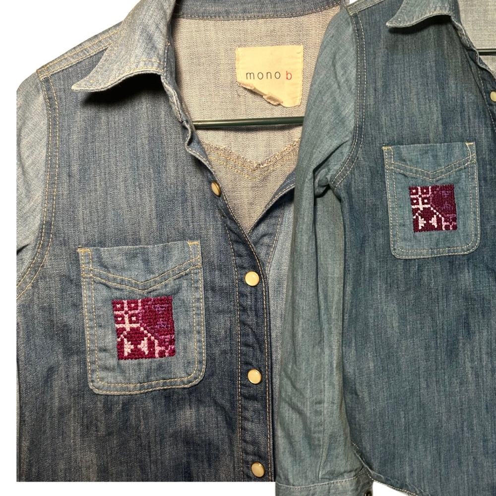 Mono B Denim Shirt with Purple Pocket Tatreez Detail and Back Painting
